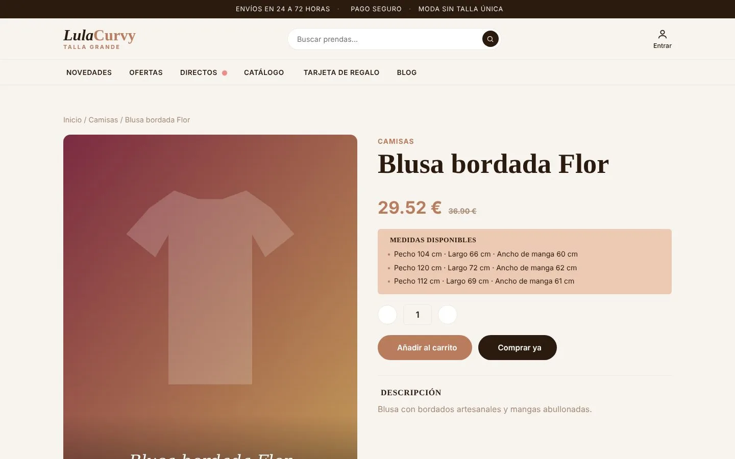 Ficha de producto con medidas