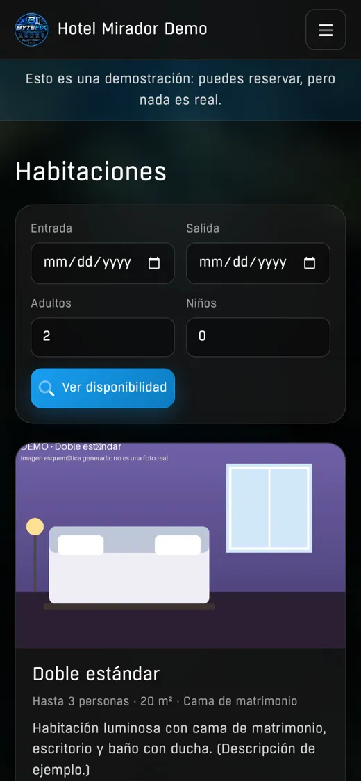 Web pública del hotel con las habitaciones en el móvil del cliente