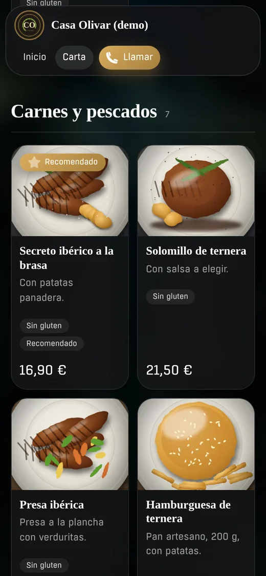 Carta del restaurante en el móvil del cliente